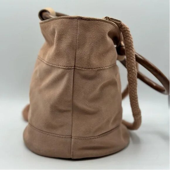 Lucky Brand Rose Colored Suede Leather Crossbody Bucket Bag with Wooden Handles - Picture 7 of 11